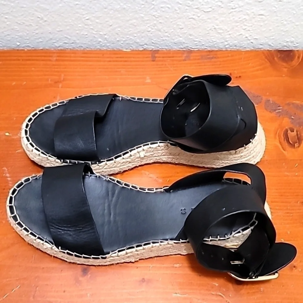 Zara Woman Black Leather Ankle Strap Espadrille‎ Sandals Size 38 Platform Jute